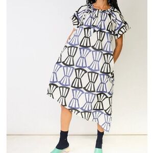 Seek Collective Leta Bialetti Geo Print Asymmetrical Hem Midi Dress,Cream Blue,L